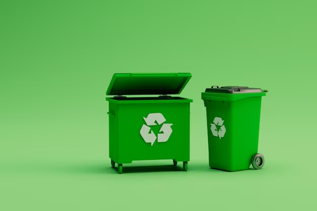 Green trash bins against a green background