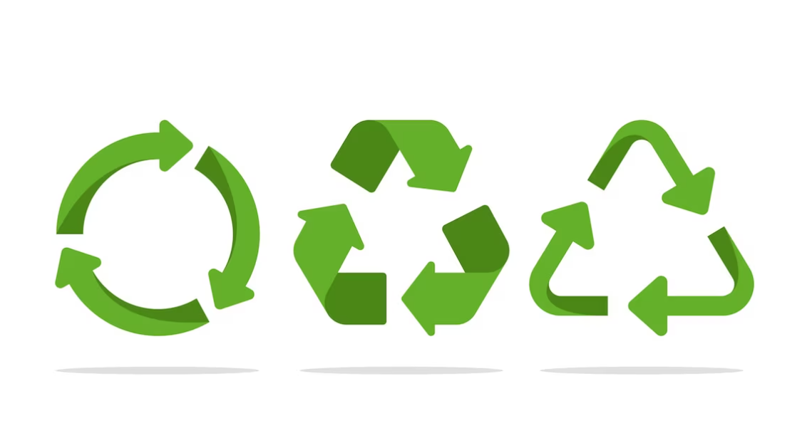 Three variations of green recycling symbols displayed in a row on a white background.
